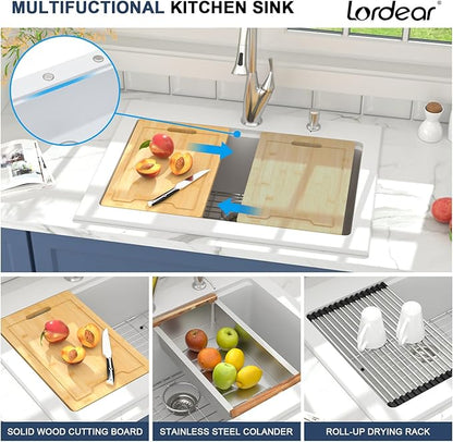 Lordear 30 Granite Composite Kitchen Sink Drop In Workstation 30X22 Inch Quartz White Kitchen Sink Single Bowl Kitchen Sinks with Accessories