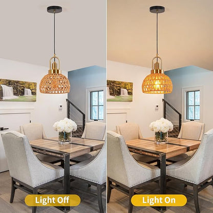 9.45" Boho Gold Rattan Pendant Light Modern Vintage Dome Farmhouse Pendant Light Fixtures Hand Woven Golden Bamboo Wicker Pendant Lights for Kitchen Island, Dining Room, Bedroom, Hallway