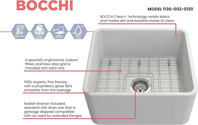 BOCCHI Classico Apron Front Fireclay 20 in. Single Bowl Kitchen Sink with Protective Bottom Grid and Strainer in Matte White