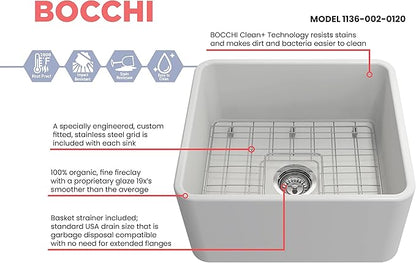 BOCCHI Classico Apron Front Fireclay 20 in. Single Bowl Kitchen Sink with Protective Bottom Grid and Strainer in Matte White