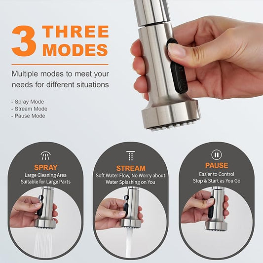 TIORIY with 15 Adapters Pull Down Kitchen Sink Faucet Head Replacement, 3 Functions Plastic Kitchen Sink Sprayer Nozzle Replacement for Kitchen Faucet, Pause Mode (Brushed Nickel)