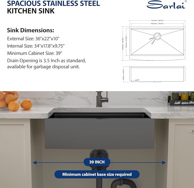 Sarlai 36 Black Farmhouse Sink Stainless Steel - 36 x 22 inch Kitchen Sink Ledge Workstation Gunmetal Black Farmhouse Sinks Apron Front 16 Gauge Stainless Steel Deep Single Bowl Kitchen Farm Sinks