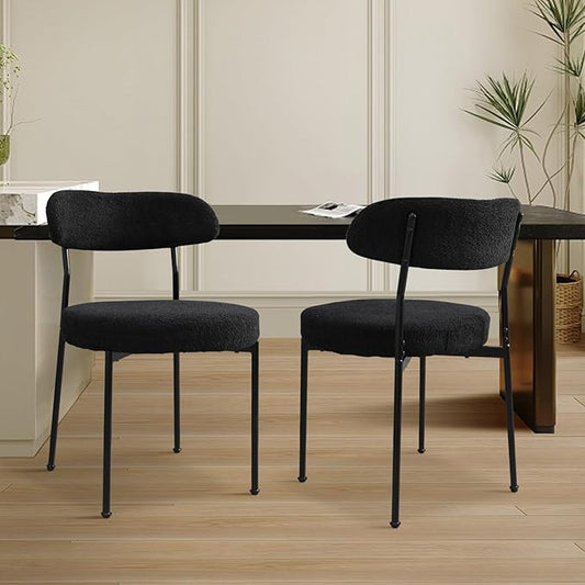 Black Boucle Dining Chair Set of 2, Modern Oval Upholstered Dining Chairs with Curved Back and Metal Leg for Dining Room,Restaurant,Kitchen Island(Black Leg)