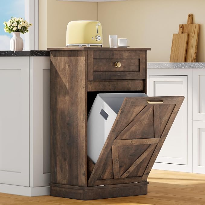 YESHOMY Tilt Out Trash Cabinet,10 Gallon Hidden Wooden Bin Cabinets, Laundry Hamper with Drawers, for Kitchen, Dining Room(Dark Brown)