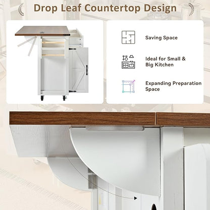 Merax 53.5" Kitchen Cart Island on Wheels with Power Outlet,Drop Leaf,Spice Rack,Farmhouse Wood Frame Storage Cabinet for Dining Room