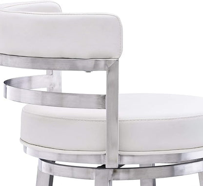 Armen Living Madrid 30" Seat Height Swivel White Faux Leather and Brushed Stainless Steel Bar Stool for Kitchen Island Counter