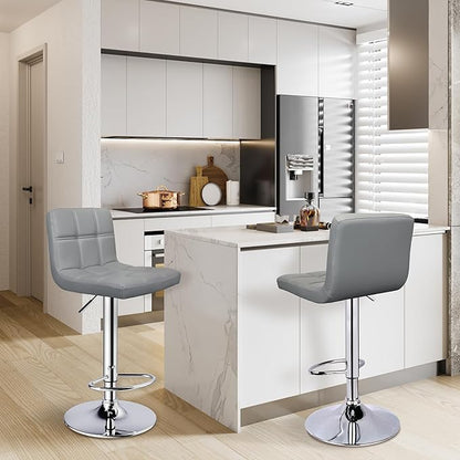 ERGOSEAT Bar Stools Set of 2,Armless Adjustable Swivel Barstools with Back,6-Squares Double Needle PU Leather Counter Height Bar Stools for Kitchen Island,Light Gray