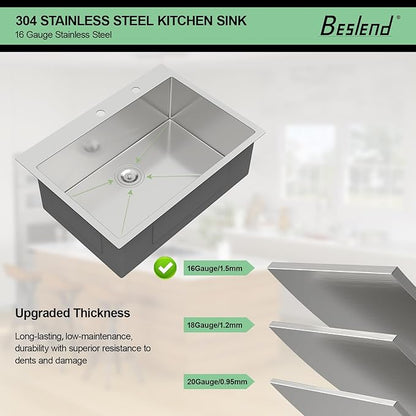 30 Drop In Kitchen Sink-Beslend Stainless Steel Topmount Sinks 16 Gauge Single Bowl Handmade Kitchen Basin 30x22x10 Inch Overmount Sink
