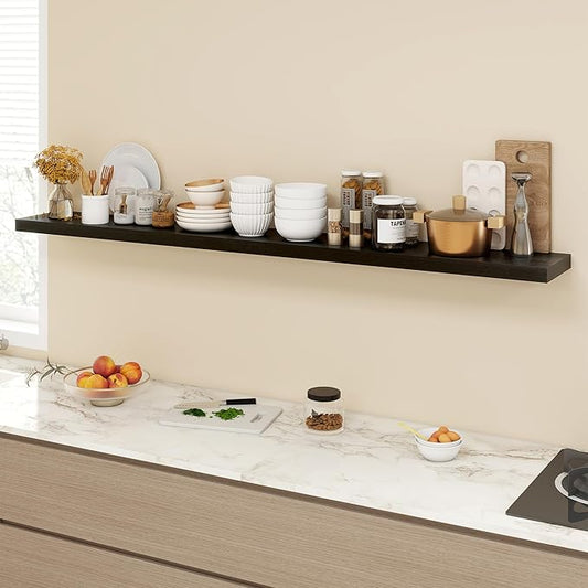 Acovy 72 Inch Floating Shelves, 9.3" Deep Floating Shelf Wall Mounted, 72" Wall Shelves, Rustic Deep Bookshelf, Large Display Shelves & Storage Shelves for Bedroom, Living Room, Black, Set of 1