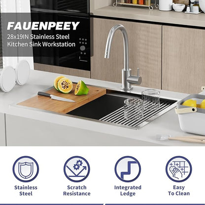 Kitchen Sink Workstation,28"x19" Stainless Steel Undermount Single Bowl Sink Built-in Ledge Drop In Workstation Sink For Placing/Sliding Accessories-Cutting Board,Drying Rack,Colander