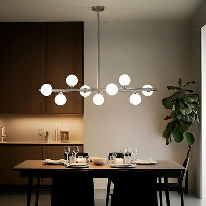 Mid Century Modern Globe Sputnik Chandelier, 9-Light Linear Chandeliers for Dining Room and Kitchen Island, Dining Light Fixture Over Table, Nickel and Milk White Glass Bubble, 40 Inch