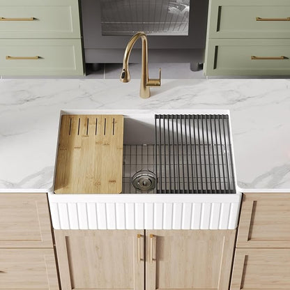 DeerValley 33" L x 20" W Farmhouse Workstation Kitchen Sink, Reversible Fireclay Deep Single Bowl Apron Front Kitchen Sink, White Undermount Farm Sink with Ledge and Accessories
