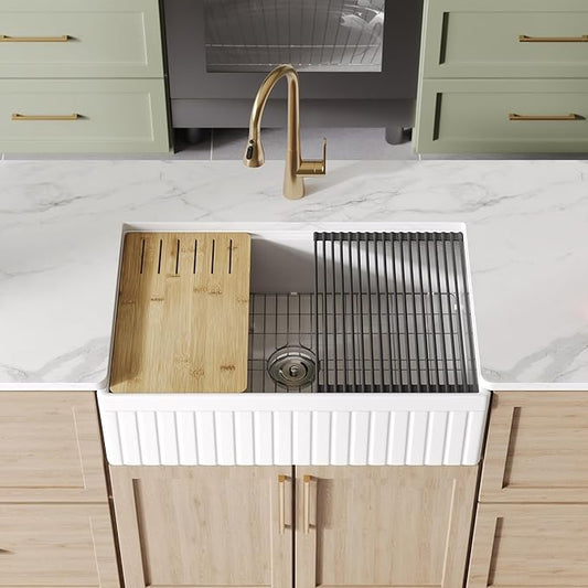 DeerValley 33" L x 20" W Farmhouse Workstation Kitchen Sink, Reversible Fireclay Deep Single Bowl Apron Front Kitchen Sink, White Undermount Farm Sink with Ledge and Accessories