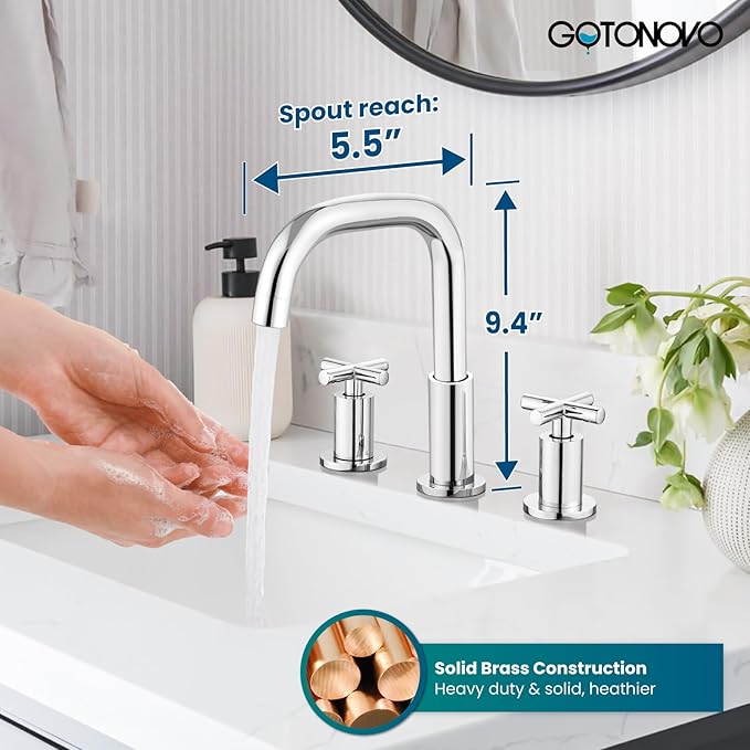 gotonovo 8 inch Widespread 3 Hole Bathroom Sink Faucet,2 Cross Handle Vanity Faucet Deck Mount Basin for Bathroom Sink 360° Swivel Spout with Pop Up Drain Polished Chrome