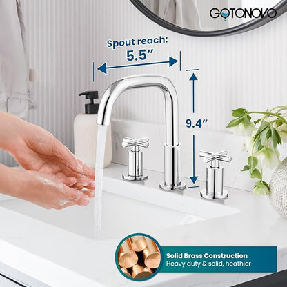gotonovo 8 inch Widespread 3 Hole Bathroom Sink Faucet,2 Cross Handle Vanity Faucet Deck Mount Basin for Bathroom Sink 360° Swivel Spout with Pop Up Drain Polished Chrome