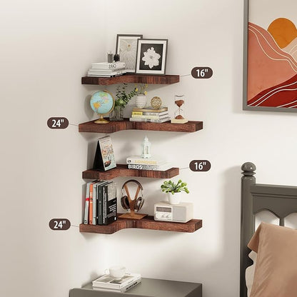 SAUMONIERES Corner Floating Shelves Wall Mount Shelf Solid Wood for Bedroom Bathroom Room Kitchen Storage Set of 3, Rustic Brown, Invisible Brackets