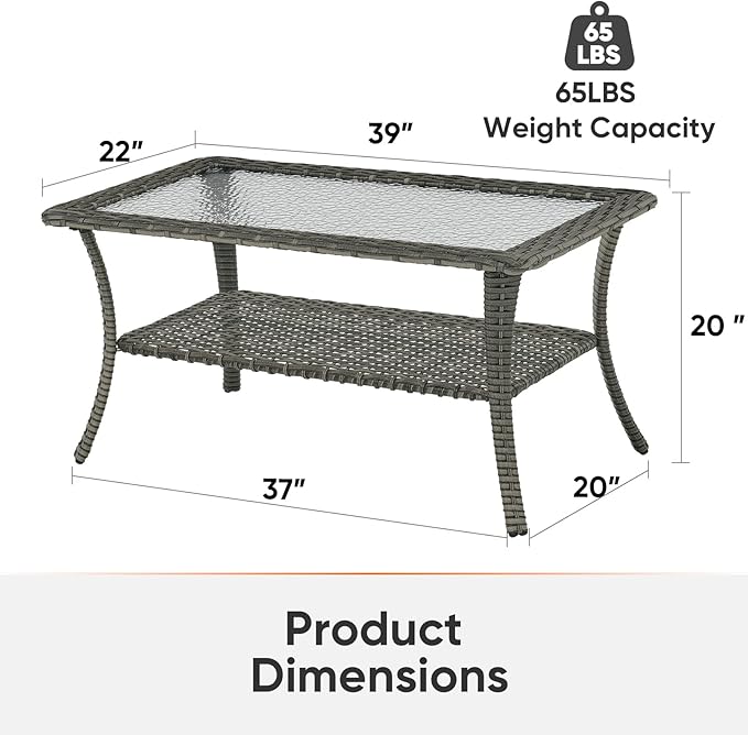 Outdoor Coffee Table - Patio Rattan Wicker Coffee Table with Tempered Glass Top and 2-Tier Storage Outdoor Table for Deck Porch Balcony Garden - Grey