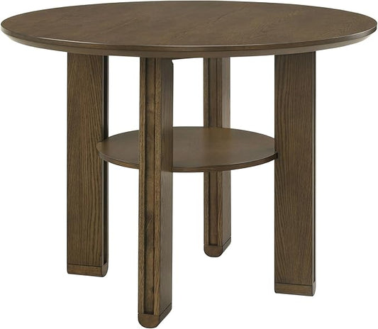 Round Height Dining Table Rich Brown Finish Kitchen Table with Angular Legs and Open Lower Storage Shelf Dining Table Practical