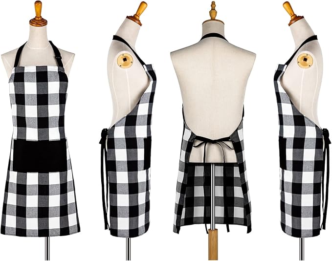 Jubatus 1 Pack Buffalo Check Apron with 2 Pockets Adjustable Bib Chef Kitchen Aprons for Men and Women, Black & White