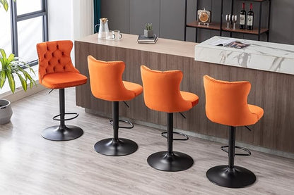 Rhomtree Velvet Swivel Bar Stools Upholstered Bar Stool with Button Tufted Back and Pull Ring Height Adjustable Barstools 25-33 Inch for Home Pub and Kitchen Island (Orange with Black Base, Set of 2)