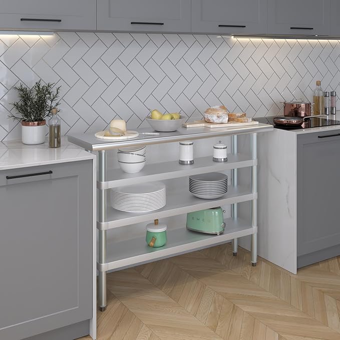 AmGood Stainless Steel Work Table with 3 Shelves | Kitchen Island Food Prep | Laundry Garage Utility Bench | NSF Certified (48" Long x 14" Deep)
