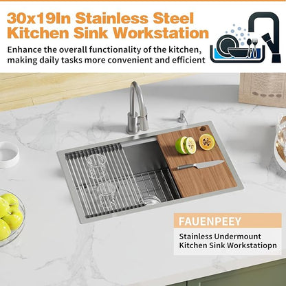 Kitchen Sink Workstation,30 x 19 Inch Stainless Steel Undermount Single Bowl Kitchen Sink Built-in Ledge Drop In Workstation Sink Nice For Placing/Sliding Accessories-Cutting Board,Drying Rack ...