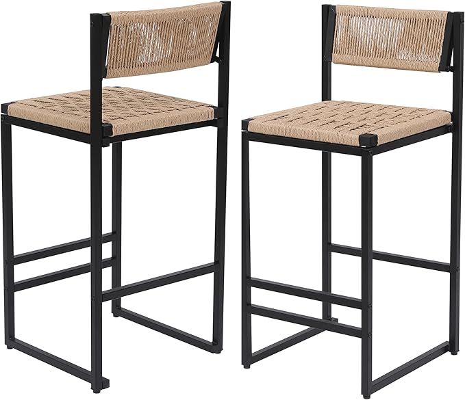 Modern Dining Chairs,Elegant American Design,Offering & Stylish,Hand Woven Paper Rope Bar Stools Set of 2,Solid Wood Frame Counter Height with Metal Legs for Island,Farmhouse Furniture,Honey-PaperRope