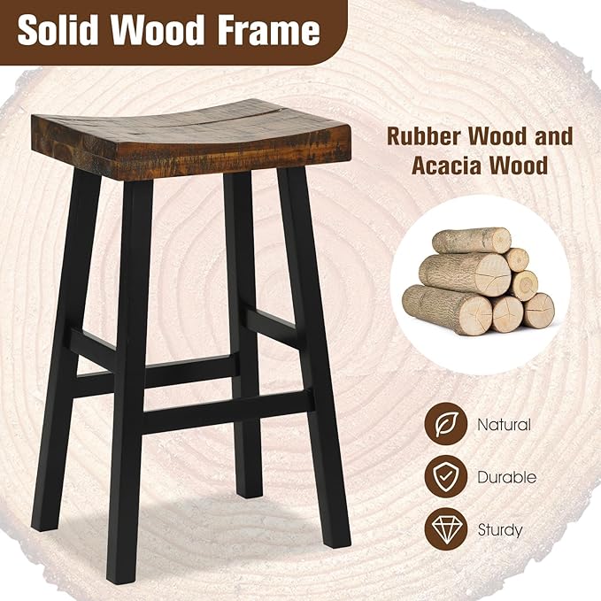 ERGOMASTER Wooden Backless Saddle Barstools Set of 4, 29-inch Bar Height Rustic Bar Stools with Rubber Wood Frame & Footrest for Kitchen Island, Dining Room, Pub