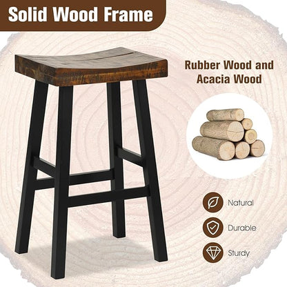 ERGOMASTER Wooden Backless Saddle Barstools Set of 4, 29-inch Bar Height Rustic Bar Stools with Rubber Wood Frame & Footrest for Kitchen Island, Dining Room, Pub