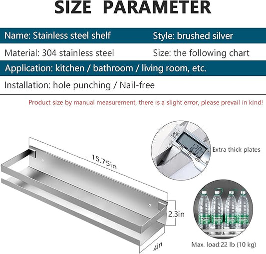 Rustproof Metal Storage Floating Shelves Wall Mounted Rectangular Shelf for Bedroom,Bathroom, Living Room, Kitchen, and Laundry Room,Nail-Free Wall-Mounted Shelves（15.75 Inch Silver）