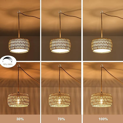 Boho Rattan Pendant Lights Farmhouse 12 Inch Plug in Chandelier Light Fixture Rustic Wicker Hand Woven Pendant Hanging Light with Cord for Dining Room Kitchen Bedroom Foyer Hallway