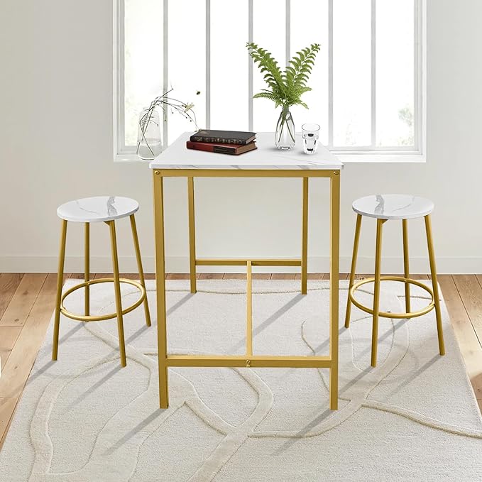 AT-VALY 3-Piece Bar Table Set with 2 Stools,Dining Room Table Set,Small Spaces (Gold)