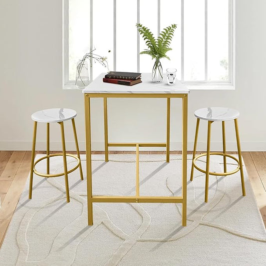 AT-VALY 3-Piece Bar Table Set with 2 Stools,Dining Room Table Set,Small Spaces (Gold)
