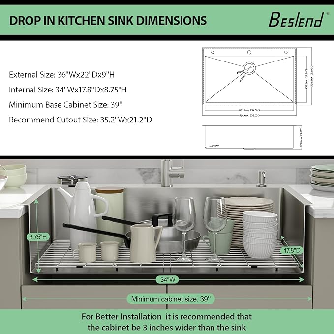 36 Drop In Kitchen Sink - Beslend 36x22 Kitchen Sink Drop In with Pull-Out Faucet, Stainless Steel Sinks and Soap Dispenser Topmount 16 Gauge Single Bowl Above Counter Dish Basin 9" Deep