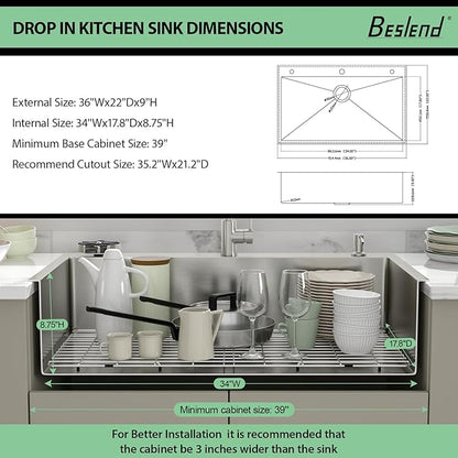 36 Drop In Kitchen Sink - Beslend 36x22 Kitchen Sink Drop In with Pull-Out Faucet, Stainless Steel Sinks and Soap Dispenser Topmount 16 Gauge Single Bowl Above Counter Dish Basin 9" Deep