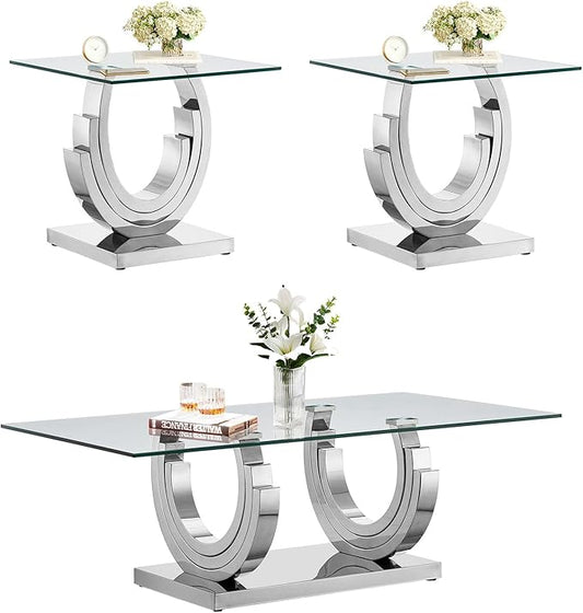 Glass Living Room Table Set of 3, Modern Glass Coffee Table with 2 End Tables Set for Apartment, Luxury Coffee Table Sets Perfect for Living Room, Stainless Steel Frame