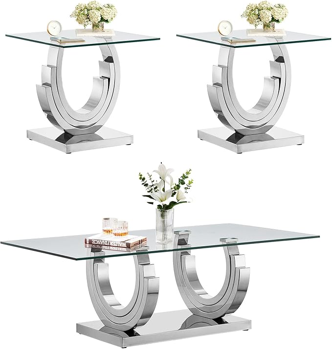 HomVent Glass Coffee Table Set, 2 End Tables Living Room Set of 3, 3 Piece Modern Silver Tempered Glass Top Side Tables Bedroom Set of 3 Rectangle Dinner Center Bedside Sets for Living Room Bedroom