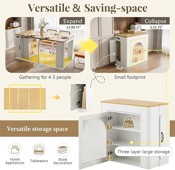 Mobile Extendable Dining Table with 3 Removable Middle Leaves and Power Outlets for 2-5 People, Kitchen Island with Storage Cabinet and Drawers, Kitchen Island Cart for Dining Room (White)