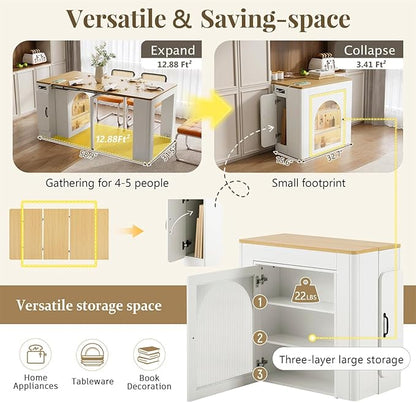 Mobile Extendable Dining Table with 3 Removable Middle Leaves and Power Outlets for 2-5 People, Kitchen Island with Storage Cabinet and Drawers, Kitchen Island Cart for Dining Room (White)