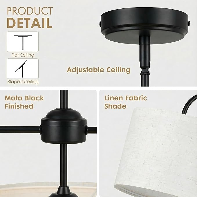 3-Light Black Linear Chandelier with Linen Beige Drum Shades, Modern Pendant Light Fixture for Kitchen Island, Dining Room, Living Room, Bedroom, E26 Base Compatible