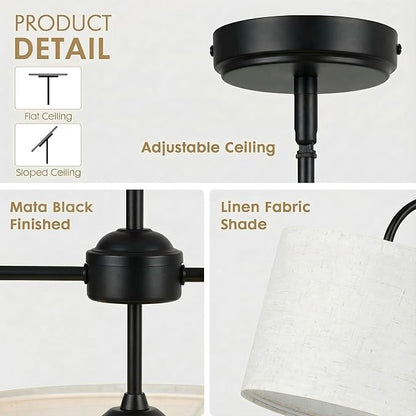 3-Light Black Linear Chandelier with Linen Beige Drum Shades, Modern Pendant Light Fixture for Kitchen Island, Dining Room, Living Room, Bedroom, E26 Base Compatible