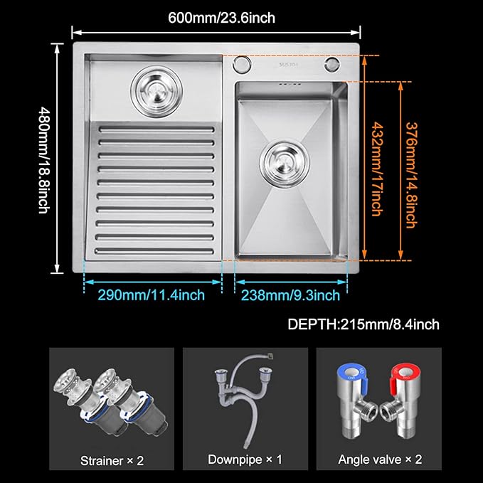 Laundry Utility Sink With Washboard Stainless Steel Kitchen Sink Household Pool Balcony Room Wash Basin Easy Clean Double-Bowl (600mm/23.6Inch)