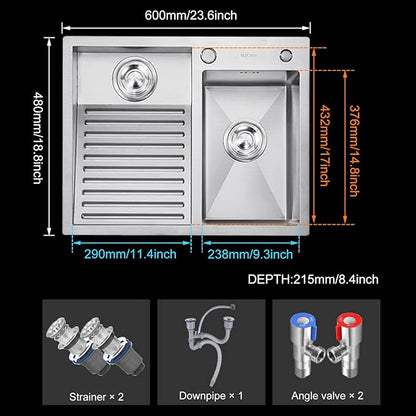 Laundry Utility Sink With Washboard Stainless Steel Kitchen Sink Household Pool Balcony Room Wash Basin Easy Clean Double-Bowl (600mm/23.6Inch)