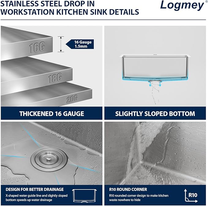 25x22 Drop in Kitchen Sink 25x22x9 Inch Workstation Stainless Steel Sinks 16 Gauge Topmount Single Bowl Kitchen Bar Sink Bowl