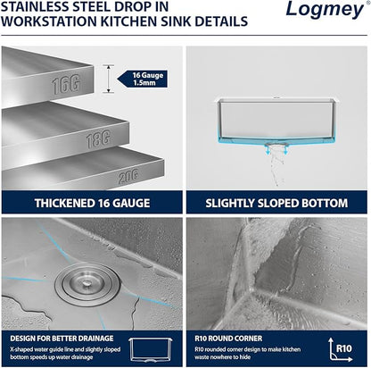 25x22 Drop in Kitchen Sink 25x22x9 Inch Workstation Stainless Steel Sinks 16 Gauge Topmount Single Bowl Kitchen Bar Sink Bowl