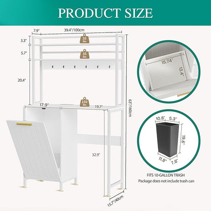 YITAHOME 4-Tier Kitchen Pantry Cabinet with Mini Fridge Space, Trash Can Storage & Power Outlet, Freestanding Storage Organizer for Microwave, Coffee Bar & Dining Room, White