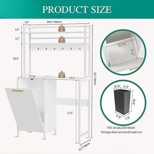 YITAHOME 4-Tier Kitchen Pantry Cabinet with Mini Fridge Space, Trash Can Storage & Power Outlet, Freestanding Storage Organizer for Microwave, Coffee Bar & Dining Room, White