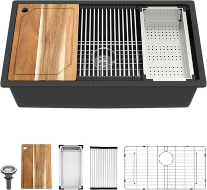 32 Inch Granite Composite Kitchen Sink - Black Undermount Workstation All-In One Classic Quartz Under Counter Single Bowl Sink Basin with Accessories, 32x19#TLGU-101