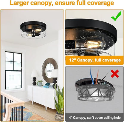 Black Flush Mount Ceiling Light Fixtures, 2-Light Ceiling Mount for Farmhouse with Seeded Glass Lampshade, Industrial Flush Mount Light Fixture Farmhouse for Hallway, Kitchen, Entryway and Foyer