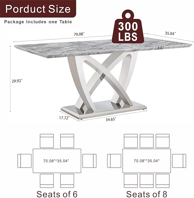 70" Faux Marble Dining Table for 6-8 People, Modern Rectangular Kitchen Table with Gold Mirror Finish Stainless Steel Base, Large Dining Room Table (Silver + Grey, Type2 + 70" Rectangle)